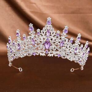 Wicked Silk Prom, Quinceanera Jeweled Crown Tiara Headband - Silver Purple